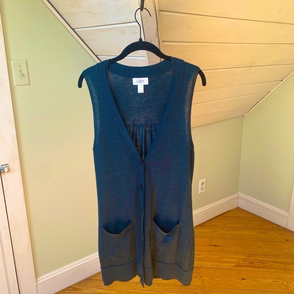 Loft Turquoise Blue Sleeveless Wool Blend Sweater Vest Long Cardigan Size M